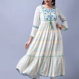 Anouk Embroidered Striped Round Neck Empire Midi Ethnic Dress-image-8