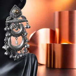 BlingNation Silver-Plated Artificial Stones Studded & Beaded Crescent Shaped Drop Earrings image 4