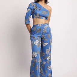 aoba EROTISSCH Blue Tropical Printed One Shoulder Top With Trouser image 1