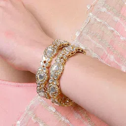 KARATCART Set of 2 Gold-Plated American Diamond Studded Floral Design Detailed Bangles image 5