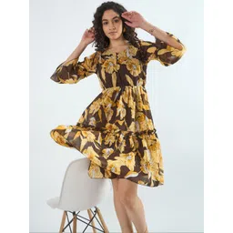 Bitterlime Floral Print Flared Sleeve Ruffled Georgette Fit & Flare Dress image 5