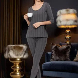 TRENDY RABBIT Women Round Neck Striped Thermal Set-image-74