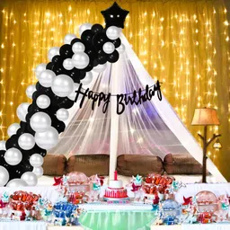 1iam Printed Happy Birthday Decoration Items - Cursive Banner, Net, Rice Light, Glue Dots, 47 Balloon-picture-11