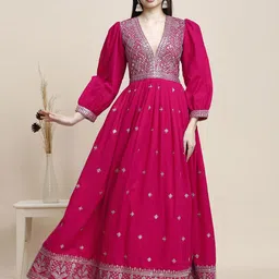 MADHURAM Ethnic Motifs Embroidered Puff Sleeve Gown Maxi Dress-picture-29