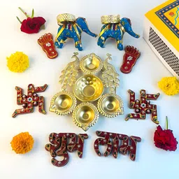 Giftii 9Pcs Red & Blue Shubh Labh Diya Peacock Design & Swastik With Footprints Gift Set image 4