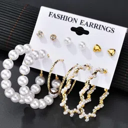 DressBerry Women 6 Pairs Crystal Pearl Gold Plated Stud Hoop Earrings-picture-22