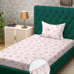 KLOTTHE Pink & Grey Floral Printed 300 TC Fitted Single Bedsheet With Pillow Cover-image-33