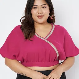 studio rasa Women Plus Size Embellished Flared Sleeve Wrap Crop Top With Lace Details-image-2