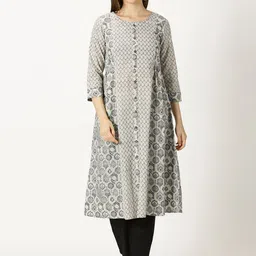 Saffron Threads Floral Printed Round Neck A-Line Panelled Pure Cotton Kurta-picture-13