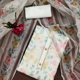 BlissFlair Floral Printed Thread Work Pure Cotton Unstitched Dress Material image 3