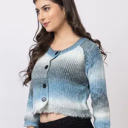 GFO Women Colourblocked Woollen Crop Front Open Sweater image 5
