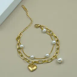 ARTKLIM Gold-Plated Stainless Steel Artificial Beaded Luna Heart Charm Bracelet-picture-23