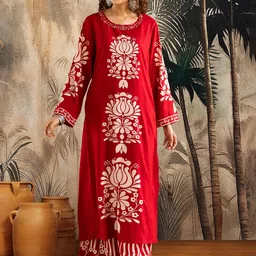 Sangria Ethnic Motifs Printed Round Neck Straight Kurta With Palazzos-image-80