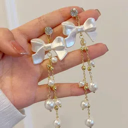 Celestria Contemporary Artificial Stones Studded and Beaded Drop Earrings image 4