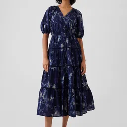 GAP Floral Print Gathered Detail Pure Cotton Puff Sleeves Tiered Fit & Flare Midi Dress-image-31