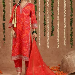 SRF JAIPUR Women Ethnic Motifs Printed Regular Thread Work Pure Cotton Kurta with Patiala & With Dupatta image 2