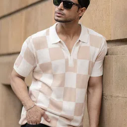 Powerlook Checked Jacquard Contrast Polo Collar Pure Cotton T-shirt-picture-26