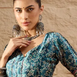 Sangria Teal blue Crepe Ethnic Printed Party Wear Saree image 2