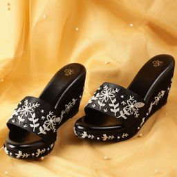 House of Pataudi Bead Embellished Floral Wedge Heels-picture-16
