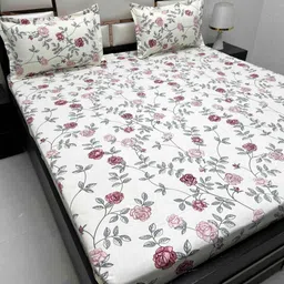 Pure Decor White & Pink Floral Queen Bedsheet with 2 Pillow Covers-image-99