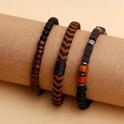 Archies Unisex Pack Of 3 Black Beaded Leather Braided Bracelet-image-10