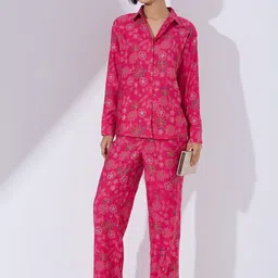 DressBerry Women Pink Viscose Rayon Printed Shirt & Palazzos Co-Ord Set-image-72