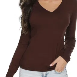 nilan tees Women Solid V Neck Cotton Blend Brown T-Shirt-picture-25