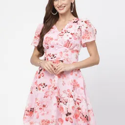 DELIS Women Floral Printed Puff Sleeve Georgette Fit & Flare Dress-picture-17