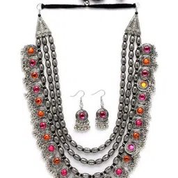 Oxidized Heaven Sterling Silver-Plated Stone Studded & Beaded Necklace and Earrings-picture-33