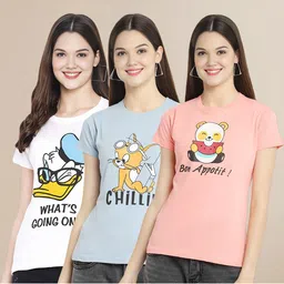 Metronaut Women Pack Of 3 Typography Printed Round Neck Cotton Donald Duck T-shirts-picture-29