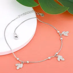 GIVA 925 Sterling Silver Rhodium-Plated Triple Leaf Charm Anklet-picture-32