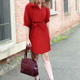 HERE&NOW Women Shirt Collar Cuffed Sleeves Above Knee Sheath Dress-picture-37