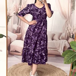 GROMint Women's Ethnic Printed Puff Sleeve Fit & Flare Tiered Midi Dress image 2