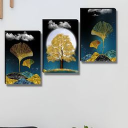 SAF Teal & Gold-Toned 3 Pieces Floral And Botanical Printed Wooden Wall Art-image-144