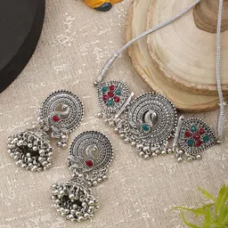 PUJVI Stone-Studded Peacock Shaped Jewellery Set-picture-11