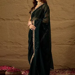 House of Pataudi Women Lace Embellished Fancy Border Saree With Unstitched Blouse image 2