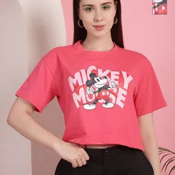 Dreambe Women Pack of 2 Mickey Mouse Typography Printed Round Neck Cotton Boxy T-shirts-picture-12