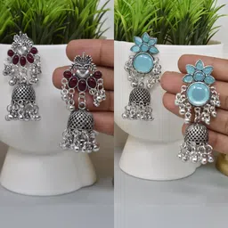 MEIRA JEWELLERY Set Of 2 German Silver-Plated Stones Studded & Beaded Dome Jhumkas-image-99