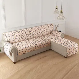 HOKIPO Candytuft Light Peach & Blue Reversible L Shape 5 Seater Sofa Cover with Fit Belt-picture-24
