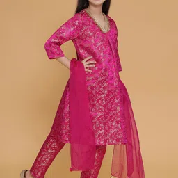 PICCOLO Girls Woven Design V-Neck Kurta With Dupatta And Trousers image 5