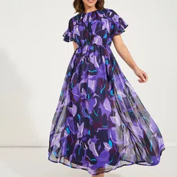 Styli Purple Floral Printed Layered Fit and Flare Maxi Dress image 1