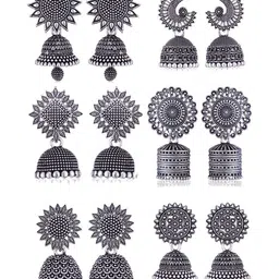 Sangria Set Of 6 Silver Plated Oxidized Jhumka Earrings-image-82