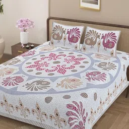 Jaipur Weaves White & Blue Ethnic Motifs 180 TC Cotton King Bedsheet Set 2.74 m x 2.74 m image 5