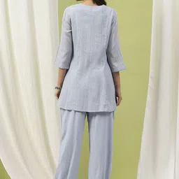 Nayam By Lakshita Striped Notch Neck Thread Work Pure Cotton Kurti With Salwar image 3