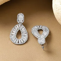 Rubans Rhodium-Plated Cubic Zirconia Studded Teardrop Shaped Drop Earrings image 2