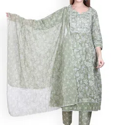 WOOL 4U Women Floral Printed Regular Kurta with Trousers & With Dupatta image 1