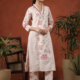 KJFAB Women Cream Pure Cotton Kurta Sets image 3