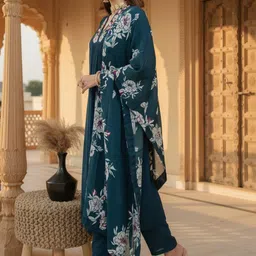 FIDHARA Women Floral Printed Silk Kurta with Trousers & Dupatta image 5