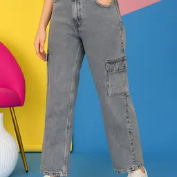 KASHIAN Women Comfort Boyfriend Fit High-Rise Cargo Style Heavy Fade Stretchable Jeans-picture-21