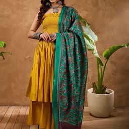InWeave Pleated Off-Shoulder A-Line Kurta With Palazzo & Dupatta-picture-22